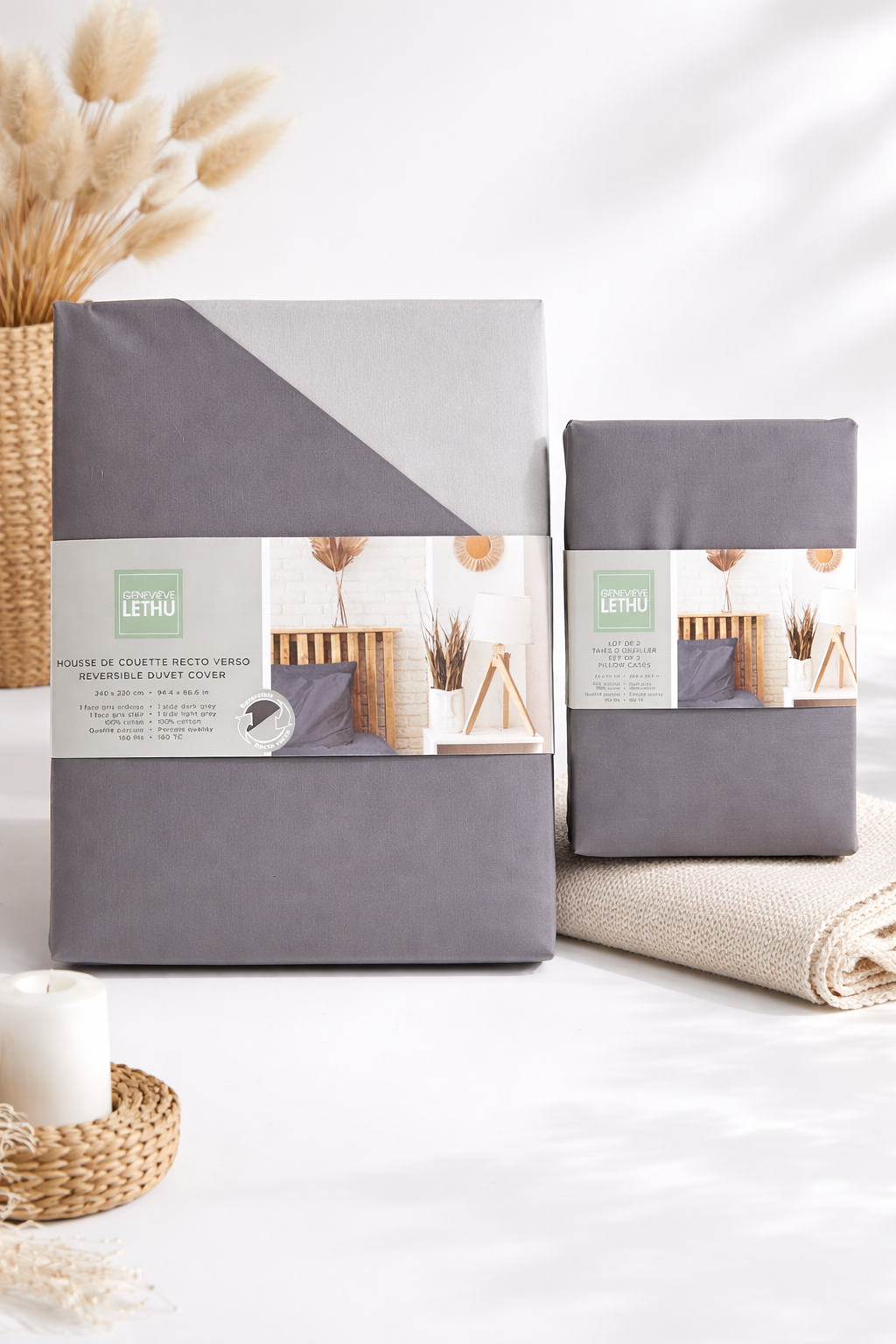 Lot housse de couette réversible en coton percale 240x220 taie d oreiller