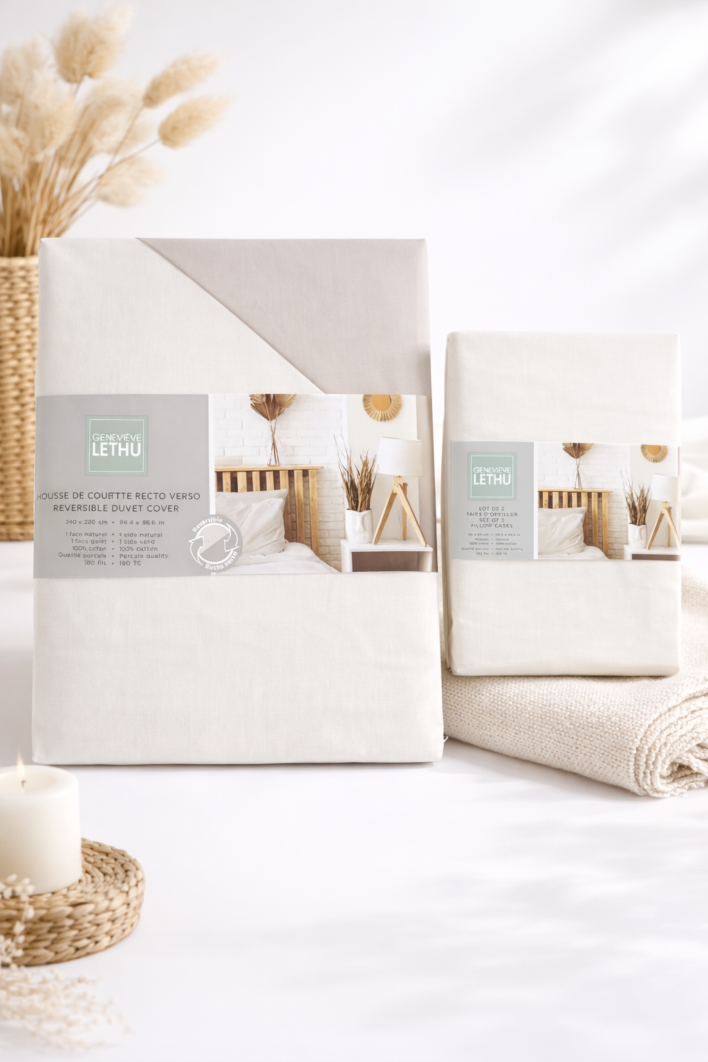 Lot housse de couette réversible en coton percale 240x200 cm + taie d oreiller